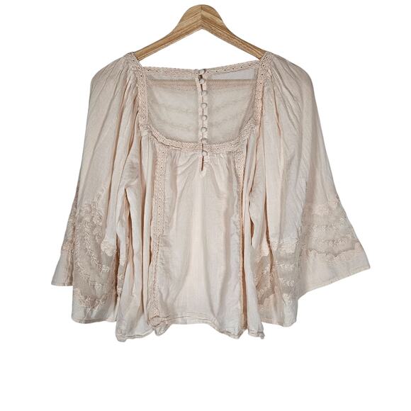 By Anthropologie Valentia Top 8 Light Pink Peasant Lace Mesh 3/4 Sleeve Blouse - Picture 7 of 13